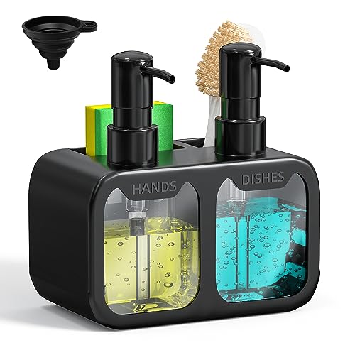 Soap Dispenser for Kitchen Sink - 24 Oz Kitchen Soap Dispenser Set with Pump and Funnel - Hand Soap Dispenser & Dish Soap Dispenser with Sponge Holder for Kitchen Decor, Bathroom, 2 Pack (Black)