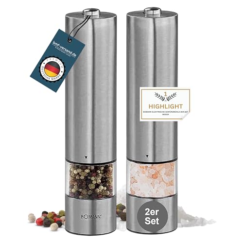 bmf-versand® elektrische Salz und Pfeffermühle mit Licht - elektrische Pfeffermühle aus Edelstahl - Gewürzmühle elektrisch mit Keramikmahlwerk groß - elektrisches Salz und Pfeffermühlen Set