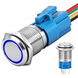TOKCKYBL 16mm Latching Push Button Switch 12V DC, IP65 Waterproof ON/Off Silver Shell with LED Angel Eye Head, 0.63