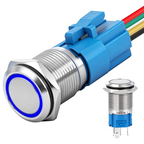 TOKCKYBL 16mm Latching Push Button Switch 12V DC, IP65 Waterproof ON/Off Silver Shell with LED Angel Eye Head, 0.63