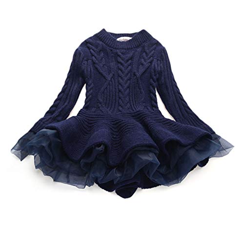 Toddler Girls Solid Color Sweater Dress Child Long Sleeve Cable Knitted Dress Layered Fall Winter Warm Dress (Navy, 2-3 Years)