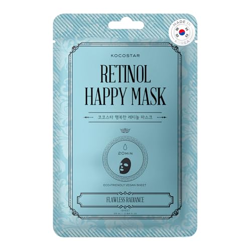 KOCOSTAR Retinol Happy Mask - Máscara facial antienvejecimiento coreana para mujeres con retinol, vitamina A, niacinamida, extracto de colágeno vegetal, cuidado facial durante 20 minutos, sin enjuague