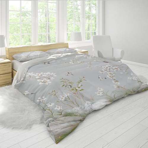 Housse de couette fleurs et oiseaux pour une chambre zen et douce en gris