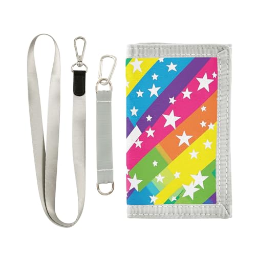 Sletend Rainbow Star Fabric Wallet for Kids Printed Front, 6 Compartments Including Zipper Pocket & ID Windows Includes Lanyard Hook Ideal for Boys Girls & Teens