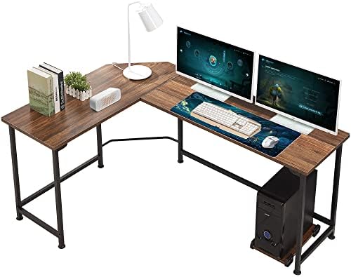 VECELO Large Corner Computer Desks L-Shaped with CPU Stand/PC Laptop Study Writing Table Workstation for Home Office Wood & Metal, 66.3X18.9 inch, Walnut