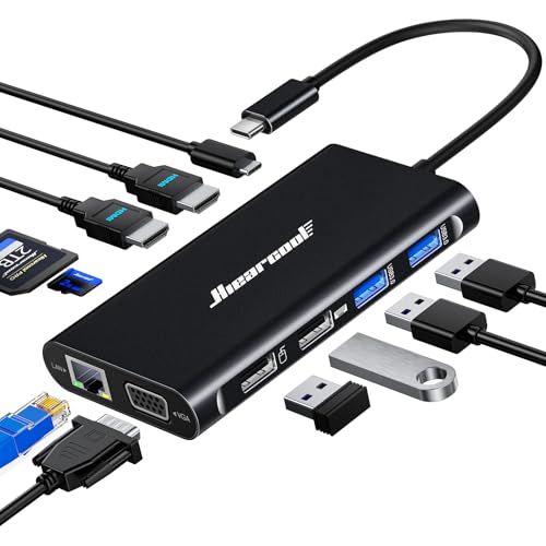 Image of Hiearcool USB C Laptop Docking Station, 11-in-1 Type C Hub Multiport Adapter Dongle, USB C Dock with Dual HDMI VGA 100W PD Charging Gigabit Ethernet for Dell HP Lenovo Windows Laptops