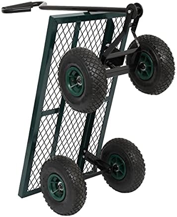 Heavy-Duty Garden Wagon Cart with Wood Panel Frame and Iron Mesh Base, Four Wheel Garden Utility Trolley for Lawn Yard Farm, Rust-Resistant Green Coating, Pull Handle Rolling Hauling Carrier
