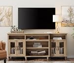 WAMPAT Farmhouse TV Stand for TVs Up to 75 inch, 4-Door Glass and Wood Universal TV Console with 9 Storage Cabinets, Oak Entertainment Center Table for Living Room Bedroom,70''