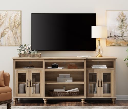 WAMPAT Farmhouse TV Stand for TVs Up to 75 inch, TV Cabinet with Glass Door and Shelf, Wooden TV...