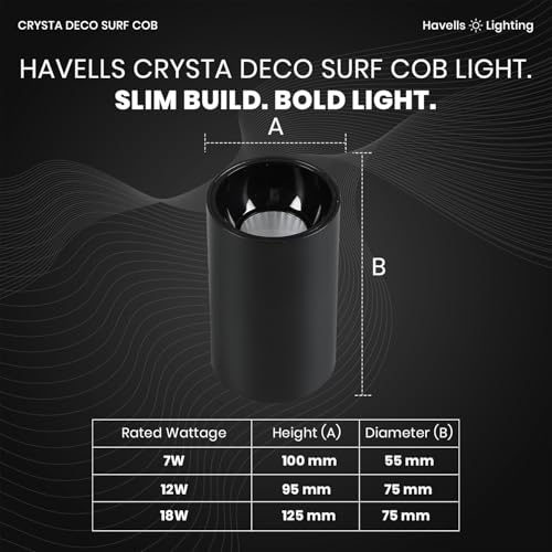 Image of Havells Crysta Deco Surf Cob 12W 4K Black B,Led-Spotlights,Energy Efficient,Long Life of 25000 Burning Hours,Beam Angle of 36,Metal Body Cob with Integrated Driver,Natural Daylight (4000K)
