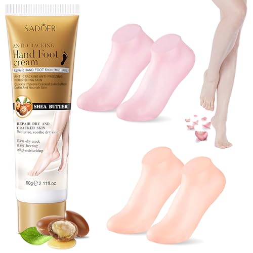 Silikon Socken für Creme,4 Stück Feuchtigkeitsspendende Socken+60g Fußcreme,Hornhaut Silikon Socken,Hornhautentferner Socken,Fußmaske Socken,Pflege für Rissige und Raue Haut,Hautfarbe+Rosa
