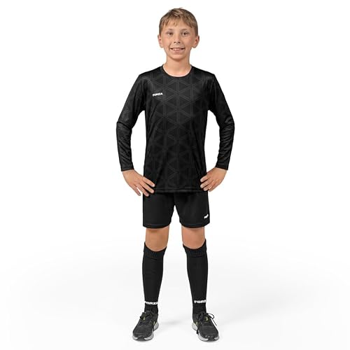 Image of FORZA Kids' Goalkeeper Long Sleeve Kit – Breathable & Sweat-Wicking Football Goalie Set – Includes Shirt, Shorts & Knee-High Socks (Black, Age 13-14)