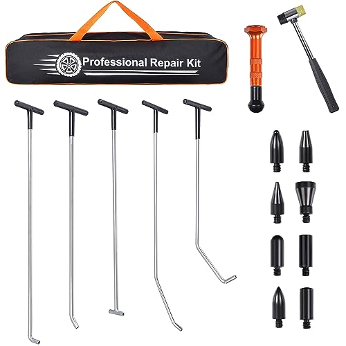 ROADGIVE Paintless Dent Repair Rods 16PCS Dent Removal Kit, Stainless Steel Dent Removal Rods with Rubber Hammer and 9 Replaceable Taper Head for Car Dent Repair
