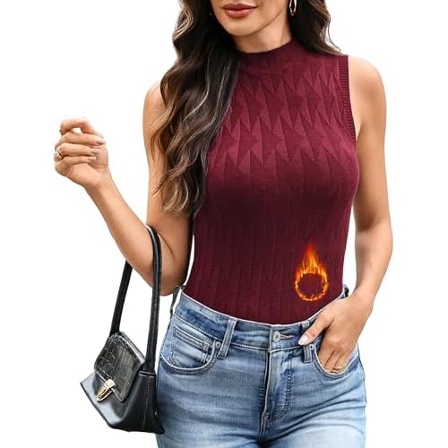 Totatuit Women's Sleeveless Sweater Vests Mock Neck Knit Pullover Tank Top Lightweight 2024 Business Casual Outfits for Women Z-wine Red S Thickened XX-Large