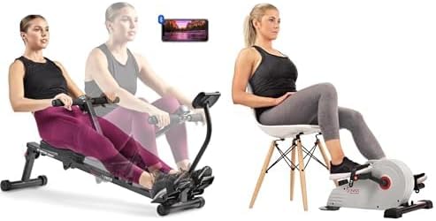 Sunny Health & Fitness Magnetic Under Desk Pedal Exerciser, Dual Function Mini Exercise Cycle Bike + Smart Compact Adjustable Rowing Machine, 12 Levels Adjustable Resistance, Complete Body Workout