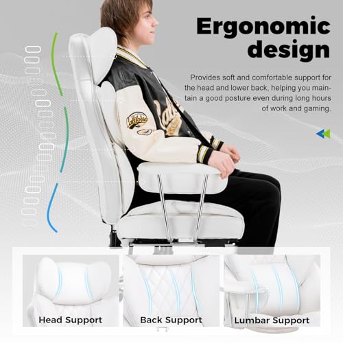COMHOMA Big and Tall Office Chair, High Back Leather Gaming Chairs with Footrest, Executive Ergonomic Office Chair with Pocket Spring Lumbar Support and with Outward Fixed Soft Armrests