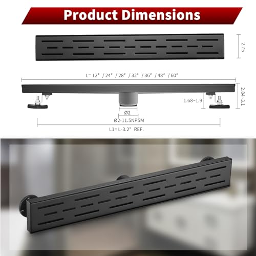 Sharp-tec Linear Shower Drain, 36 inch Shower Drain with Removable Pattern Cover, Matte Black 304 Stainless Steel Rectangle Floor Drain, Adjustable Feet and Hair Strainer Included (Model 101) by Sharp-tec - Used condition - Image 6