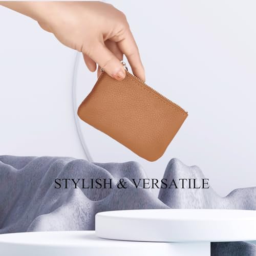 Image of Full Grain Leather Coin Purse with Key Chain - Small Change Purse Keychain Card Holder Keychain Pouch Small Keychain Wallet for Women and Men (Brown)