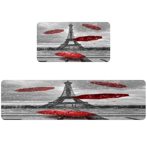 Alfombrillas de cocina absorbentes para pasillo y zona de lavado con diseño de paraguas rojos VAPOKF 2