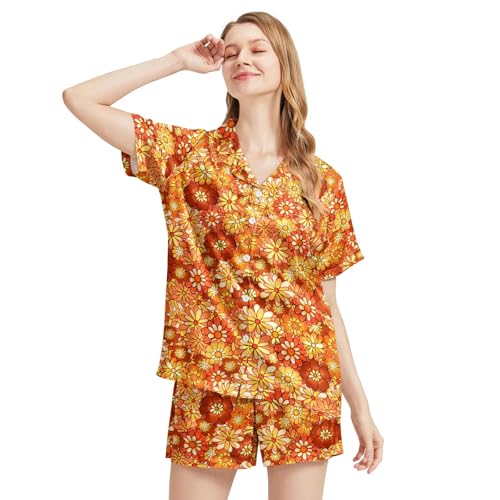 Image of Funny Satin Pajamas Set for Women Button Down Sleepwear Print Pjs Set 2 Piece Short Sleeve Loungewear Gift for Women