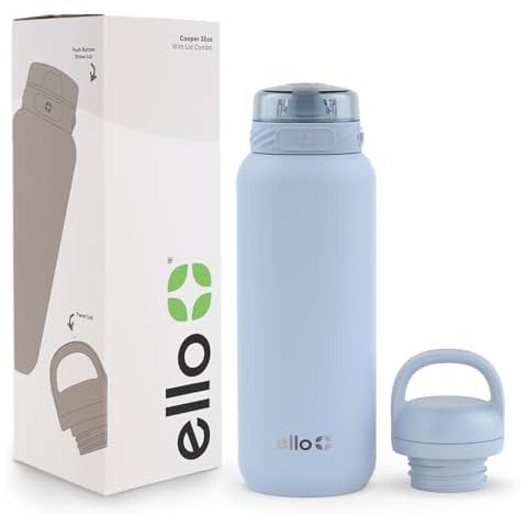Ello Cooper 32oz Stainless Steel Water Bottle with 2 Lids Chug and Straw | Leak Proof | Double Walled and Vacuum Insulated | Built in Carry Loop | Dishwasher Safe | Halogen Blue Cover
