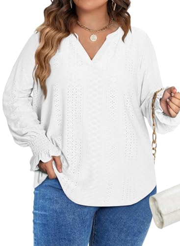 Eytino Women Plus Size Fall Clothes V Neck Puff Long Sleeve Tops Casual Solid Tunic Blouse Shirts,4X White