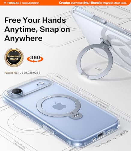 Image of TORRAS Q3 Spin for iPhone 17 Air Case, 360 Magnetic Stand, Clear | Compatible with MagSafe, Built-in Kickstand, Camera Control, 4X Military-Grade Shockproof Translucent Phone Case for Air