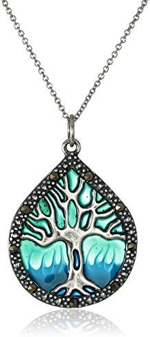 MORGAN & PAIGE 925 Sterling Silver Genuine Marcasite Enamel Tree of Life 1-1/3" Pendant Necklace