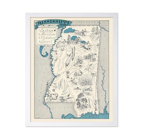 Poster Master Vintage Mississippi State Print - Retro Map Poster - Educational Art - Gift for Teacher, Student, Travel Lover - Wall Decoration for Classroom, Office, Dorm - 16x20 White Framed