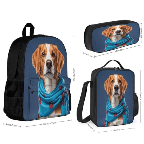 3-in-1 Backpack Combination Set Dog Wearing Blue Scarf Print 3Pcs Backpack Sets Travel Daypack with Lunch Bag And Cosmetic Bag2