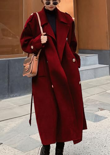 chouyatou Women's Winter Double Breasted Midi Long Wool Pea Coat Notch Lapel Winter Trench Coat - Image 5