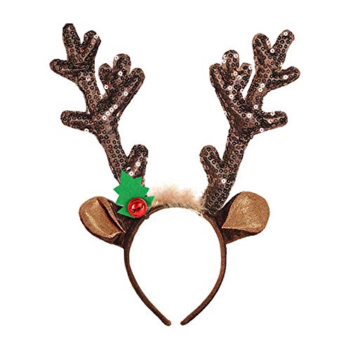 Christmas Reindeer Antlers Headband Deer Antler Ears Hair Hoop Xmas Tree Bell Fawn Horn Headpiece Women Crown Hairband Hair Band Party Decoration Cosplay Costume Cute Handmade Hair Accessories Brown