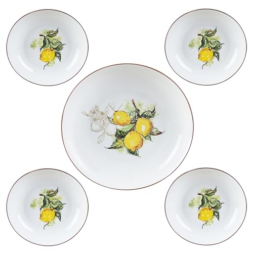 Porcelain Pasta Bowl Set, 11-inch Serving Bowl with 4 Individual 8-inch Bowls, Lemon Design Pattern by Lorren Home Trends - Used condition - Image 2