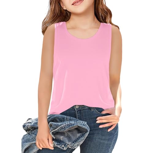 Image of Girls Sleeveless Basic Tank Tops Round Neck Tanks | 5-14 Years, Kids Loose Crewneck Tanks, Cute Classic Top, Lightweight Soft and Breathable, Casual Daily Wear