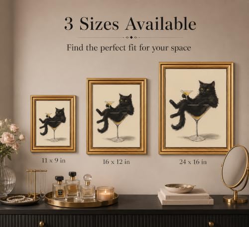 Image of Gold Framed 3D Textured Wall Art, Vintage Black Cat Martini Canvas Prints, Whimsical Cat Cocktail Pictures Decor, Humorous and fashionable Animals Gallery Artwork for Bathroom Home Bar 11x9 in