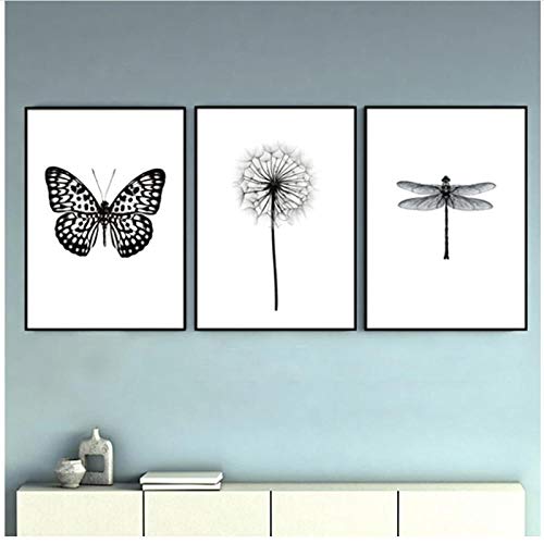 Nordische Löwenzahn Kunst Leinwand Malerei Tiere Schmetterling Poster Hd Drucke Schwarz Weiß Wandbild Für Wohnkultur 50X70Cmx3 Ungerahmt