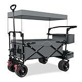 TAIFA Collapsible Foldable Wagon Cart with Removable Canopy, Push Pull Utility Beach Wagon with Big Wheels and Brakes for Sand Shopping Camping Outdoors, Gray.