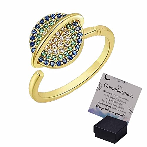 HPKJGKO to My Granddaughter - Rotating Planet Spinning Anxiety Ring,Ring zur Linderung von Angstzuständen, verstellbare farbige rotierende Diamantringe mit Motivationskarte (Gold) Cover