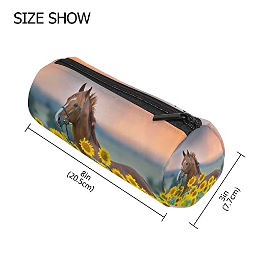 Image of AUUXVA Horse Sunflower Pencil Bag, Animal Flower Floral Round Pencil Case Zipper Pen Pouch Cases Stationery Bag Cosmetics Makeup Brush Bags for School Office Work College