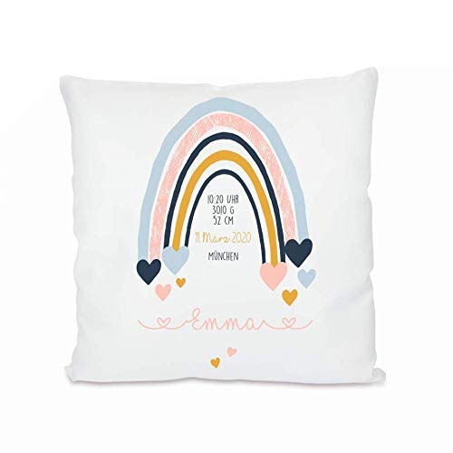 Manufaktur Liebevoll I Babygeschenk „Regenbogen“ für Mädchen mit Geburtsdaten, Namen und Datum personalisiert I Geschenk zur Geburt I Originelles Namensgeschenk fürs Baby I Geburtskissen Cover
