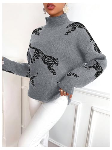 Image of WDIRARA Women's Leopard Tiger Print Sweater High Neck Long Sleeve Fuzzy Knitted Pullover Top