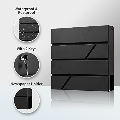 Yoocabinet MAILBOX-MD0025B Wall Mount,Large Capacity Locking Mailbox For Outside,Galvanized Steel Cover And Rust-Proof Metal Post Box With Newspaper Holder,14.6 Inchx14.6 Inchx4.3 Inch Black,Md025B thumb #3