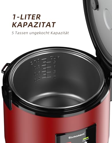 Eamoment Reiskocher, 1L Elektrischer Dampfgarer mit Antihaftbeschichtung, für 1-5 Personen, schnelle Zubereitung ohne Anbrennen, mit Warmhaltefunktion, Dämpfeinsatz, Reislöffel und Messbecher