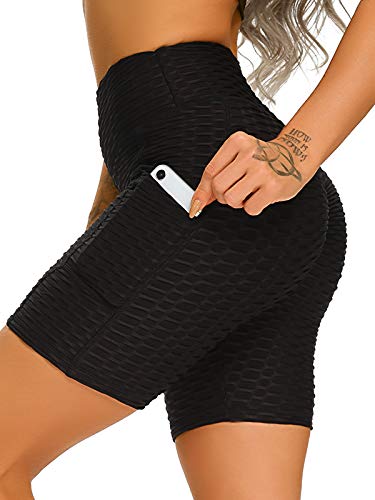 FITTOO Leggings deportivos para mujer, cintura alta, push-up, anticelulitis, leggins para mujer, pantalones cortos para el gimnasio, yoga y entrenamiento, 1/4 Design 2 - Negro (bolsillos), M
