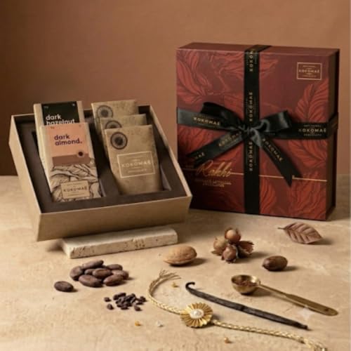 Image of KOKOMAE Raksha Bandhan Luxury Chocolate Gift Hamper, 3 Bean-to-Bar Chocolate Bars, 2 Chocolate Coated Nuts, Complimentary Rakhi & Greeting Card