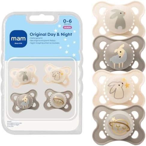MAM Original Day & Night Matt Schnuller, 0-6 Monate, Schaf/Hase, 4 Stück | Babyschnuller für Neugeborene, SkinSoft Silikon, Beugt Zahnfehlstellungen vor, Stillfreundlich, Leuchtet