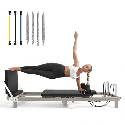75 Foldable Pilates Reformer for Home Use Professional Wood Grain Pilates Bed with Resistance Springs & Latex Tubes Compact Fitness Gift for Petite Women up to 59 Easy Assembly