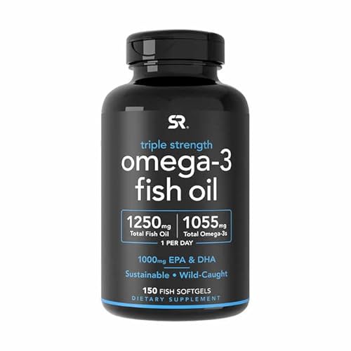 Sports Research Triple Strength Omega 3 Fish Oil - Burpless Fish Oil Supplement w/EPA & DHA Fatty Acids from Wild Caught Fish - Heart, Brain & Immune Support for Men & Women - 1250 mg, 150 ct