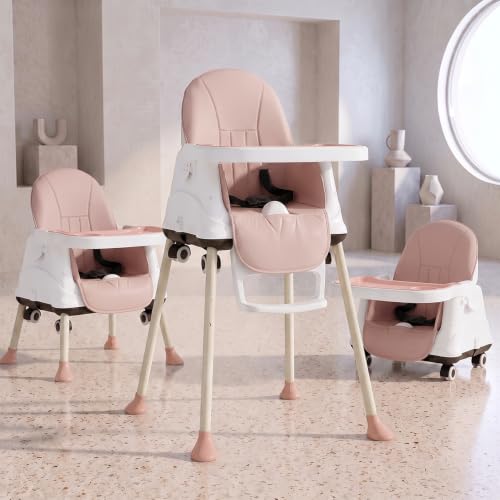 Image of StarAndDaisy 3-in-1 Convertible Baby High Chair with Adjustable Double Tray, 3-Point Safety Harness, Booster Seat & Low Chair, PU Cushion, Steel Frame for Babies & Toddlers (Pink)