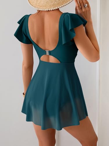 Women's One Piece Ruffle Swimsuit Sexy Mesh One Piece Swim Dress Tummy Control V Neck Swimwear2